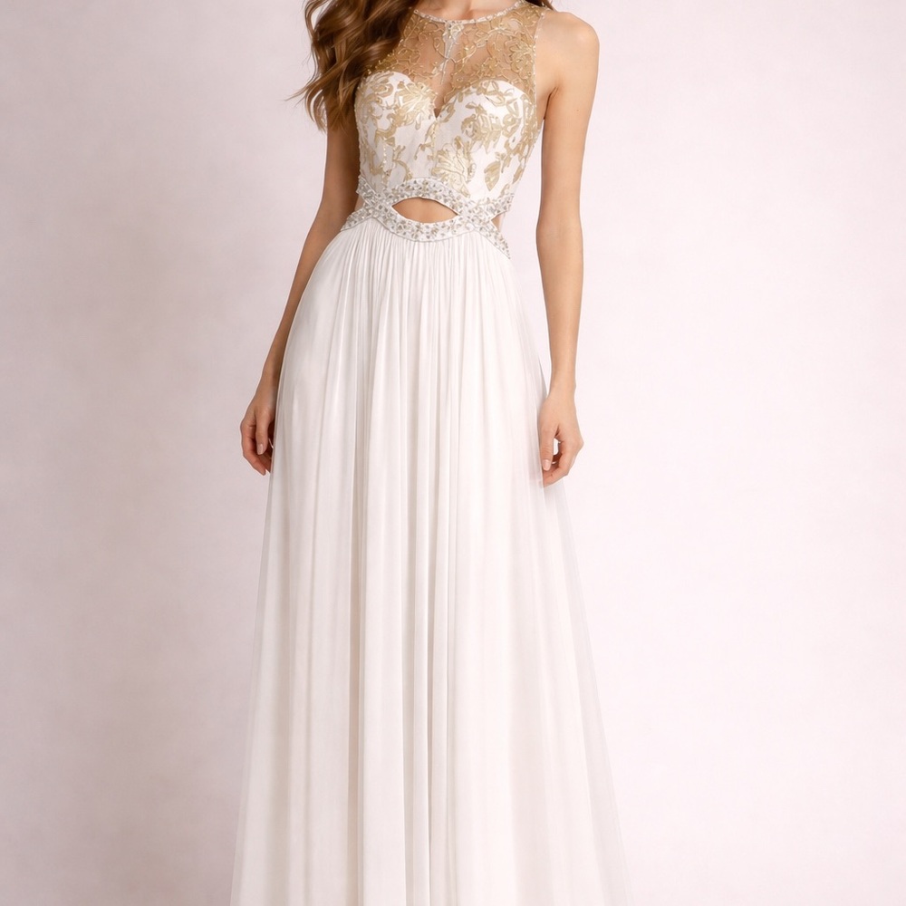 Blondie Nites White Maxi Gown with Gold Embroidered Bodice Party, Wedding, Grad